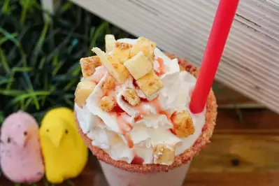 strawberry cheesecake milkhake from sugar bear's cafe and creamery