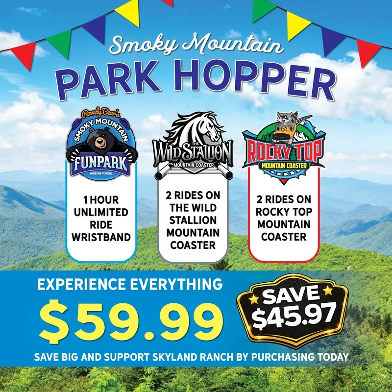 Smoky Mountain Park Hopper Pass with Rowdy Bear, The Wild Stallion Mountain Coaster, Rocky Top Mountain Coaster
