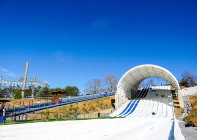 view from the bottom of the snow tubing hill at Rowdy Bear's Smoky Mountain Snowpark